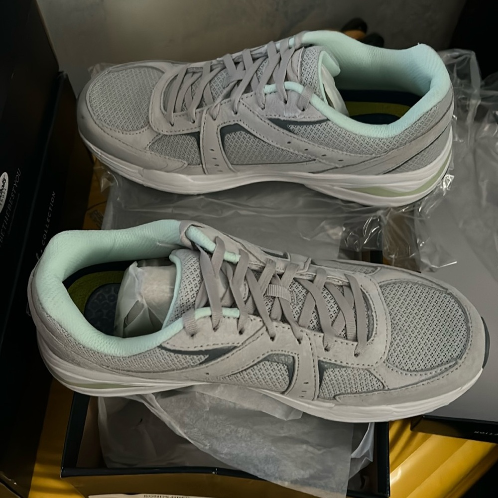 Athletic shoes Wide width gray with pale mint colored accents in box